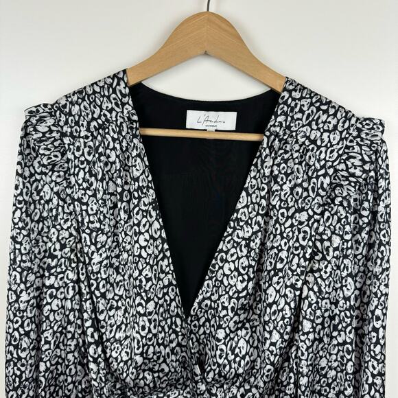 L'Academie Joyce Belted Mini Cocktail Dress Black White Abstract Cheetah Size S - Picture 3 of 16